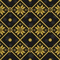 Vector seamless geometric pattern with golden knitted snowflakes on black background.